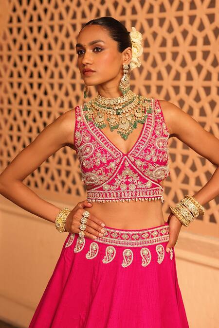 Shop_Sheetal Batra_Pink , , Pearls, Embroidery Ilma Paisley Lehenga Set _Online_at_Aza_Fashions