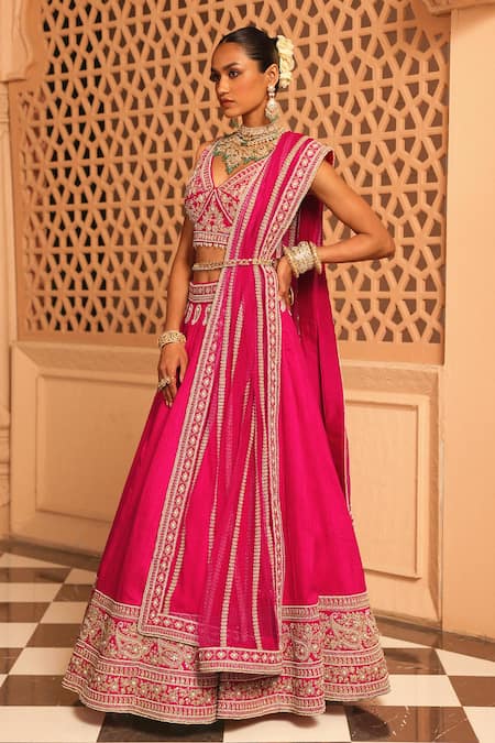 Sheetal Batra_Pink , , Pearls, Embroidery Ilma Paisley Lehenga Set _at_Aza_Fashions