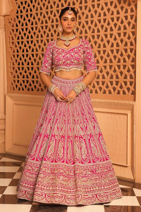 Buy_Sheetal Batra_Pink Silk, Net Pearls, Embroidery, Tassels Polo Inaya Floral Bridal Lehenga Set _Online_at_Aza_Fashions