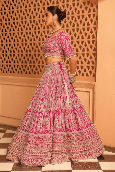 Shop_Sheetal Batra_Pink Silk, Net Pearls, Embroidery, Tassels Polo Inaya Floral Bridal Lehenga Set _Online_at_Aza_Fashions