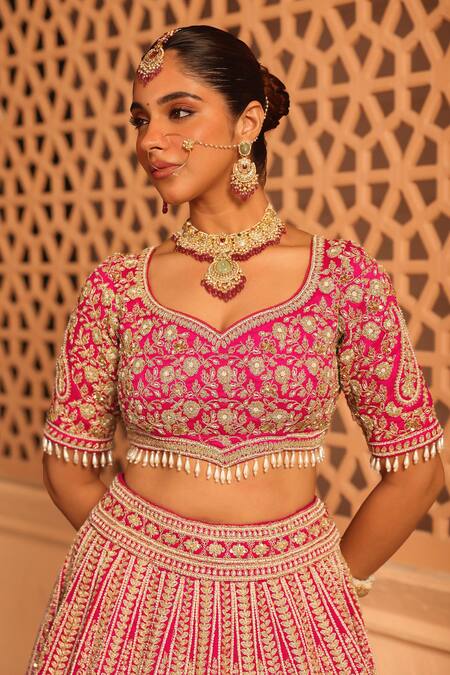 Sheetal Batra_Pink Silk, Net Pearls, Embroidery, Tassels Polo Inaya Floral Bridal Lehenga Set _at_Aza_Fashions