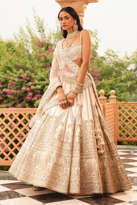 Sheetal Batra_Ivory Silk, Net, Leather Pearls, Iqra Kirandori Embroidered Bridal Lehenga Set _Online_at_Aza_Fashions