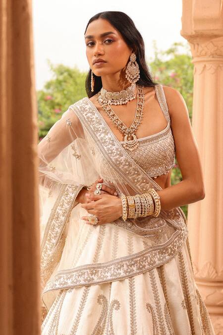 Buy_Sheetal Batra_Ivory Silk, Net, Leather Pearls, Iqra Kirandori Embroidered Bridal Lehenga Set _Online_at_Aza_Fashions