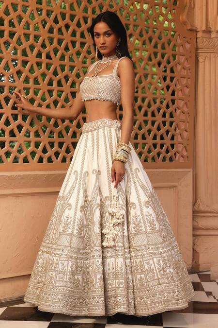 Shop_Sheetal Batra_Ivory Silk, Net, Leather Pearls, Iqra Kirandori Embroidered Bridal Lehenga Set _Online_at_Aza_Fashions