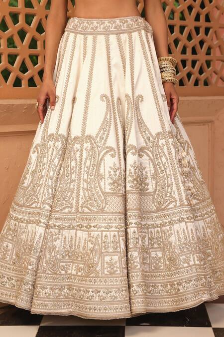 Sheetal Batra_Ivory Silk, Net, Leather Pearls, Iqra Kirandori Embroidered Bridal Lehenga Set _at_Aza_Fashions