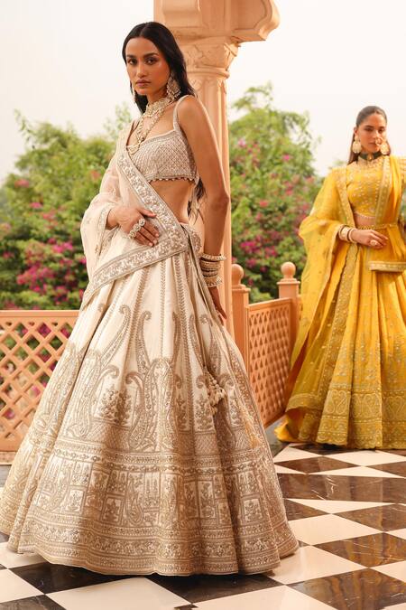 Buy_Sheetal Batra_Ivory Silk, Net, Leather Pearls, Iqra Kirandori Embroidered Bridal Lehenga Set 