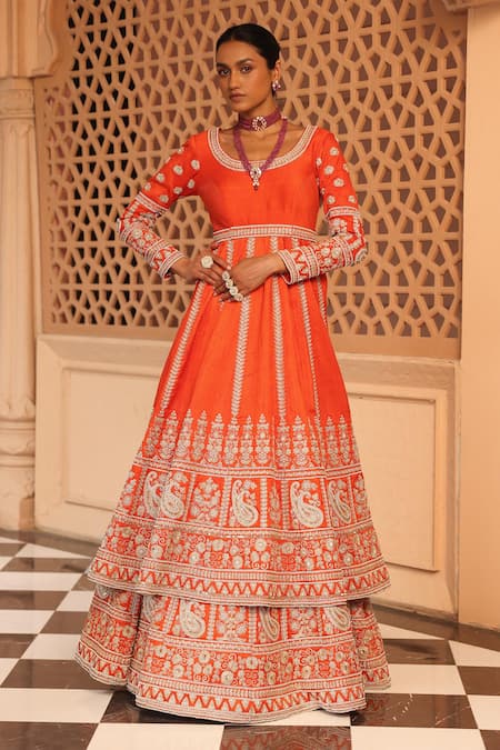 Shop Sheetal Batra Orange Organza, Rayon, Pearls, Mariyah Paisley Anarkali And Lehenga Set Online at Aza Fashions Shop_Sheetal Batra_Orange Organza, Rayon, Pearls, Mariyah Paisley Anarkali And Lehenga Set _Online_at_Aza_Fashions