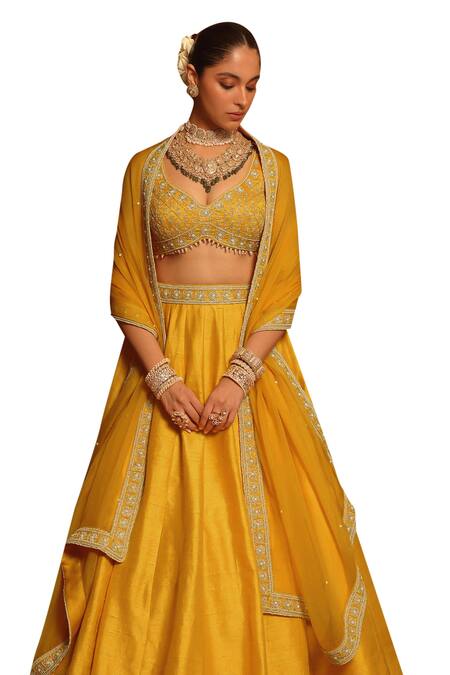 Buy_Sheetal Batra_Yellow Organza, Pearls, Embroidery Mazhum Floral Blouse And Lehenga Set _Online_at_Aza_Fashions