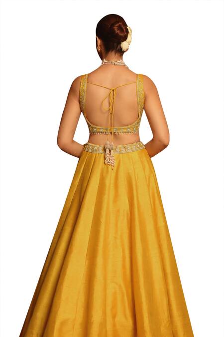 Shop_Sheetal Batra_Yellow Organza, Pearls, Embroidery Mazhum Floral Blouse And Lehenga Set _Online_at_Aza_Fashions