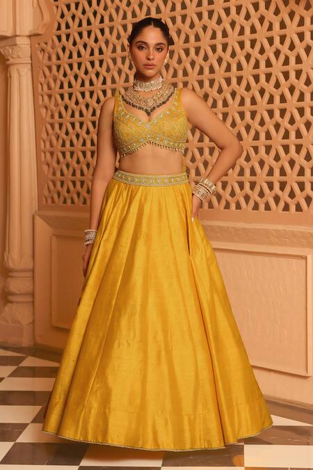 Sheetal Batra_Yellow Organza, Pearls, Embroidery Mazhum Floral Blouse And Lehenga Set _at_Aza_Fashions