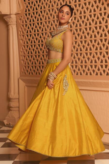 Shop_Sheetal Batra_Yellow Organza, Pearls, Embroidery Mazhum Floral Blouse And Lehenga Set 