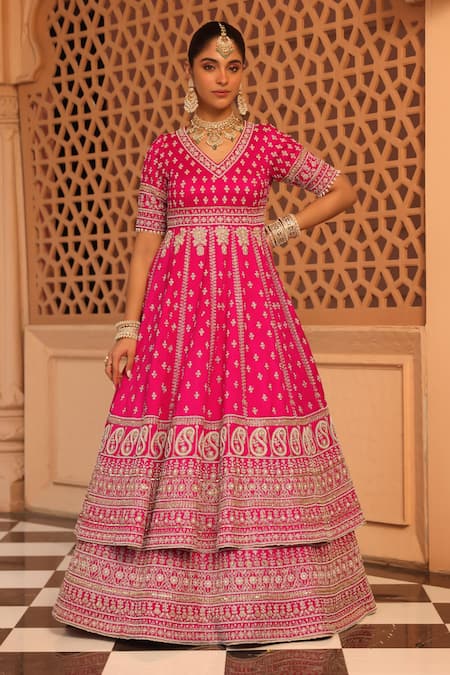Shop_Sheetal Batra_Pink Silk, Net Embroidery Naila Floral Butti Bridal Anarkali Lehenga Set _Online_at_Aza_Fashions