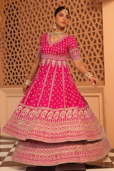 Sheetal Batra_Pink Silk, Net Embroidery Naila Floral Butti Bridal Anarkali Lehenga Set _at_Aza_Fashions