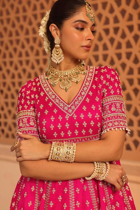 Buy_Sheetal Batra_Pink Silk, Net Embroidery Naila Floral Butti Bridal Anarkali Lehenga Set 