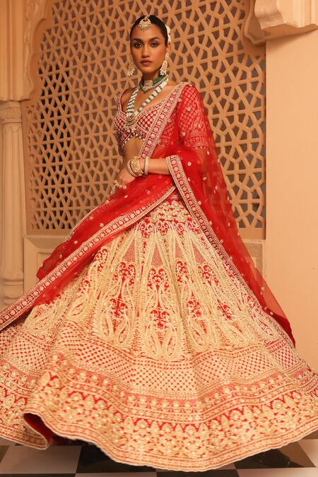 Buy_Sheetal Batra_Red Silk, Net Embroidery, Zari, Pearls Nazreen Paisley Bridal Lehenga Set 