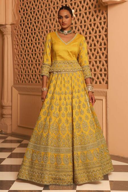Sheetal Batra Yellow Silk, Net Pearls, Zari, Noorali Floral Butti Bridal Lehenga Set Online at Aza Fashions Sheetal Batra_Yellow Silk, Net Pearls, Zari, Noorali Floral Butti Bridal Lehenga Set _Online_at_Aza_Fashions