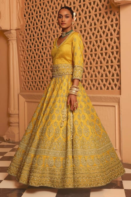 Buy Sheetal Batra Yellow Silk, Net Pearls, Zari, Noorali Floral Butti Bridal Lehenga Set Online at Aza Fashions Buy_Sheetal Batra_Yellow Silk, Net Pearls, Zari, Noorali Floral Butti Bridal Lehenga Set _Online_at_Aza_Fashions