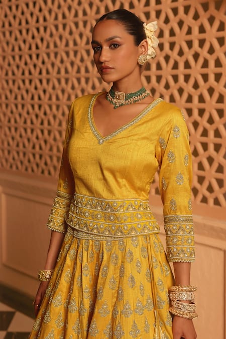 Sheetal Batra Yellow Silk, Net Pearls, Zari, Noorali Floral Butti Bridal Lehenga Set at Aza Fashions Sheetal Batra_Yellow Silk, Net Pearls, Zari, Noorali Floral Butti Bridal Lehenga Set _at_Aza_Fashions