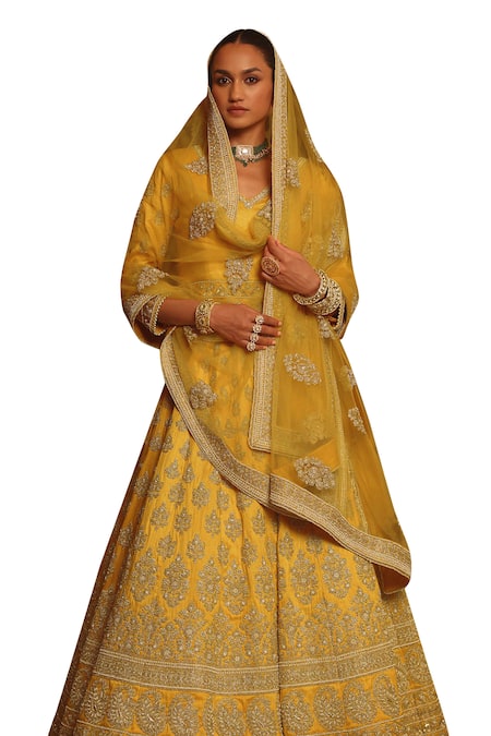 Shop Sheetal Batra Yellow Silk, Net Pearls, Zari, Noorali Floral Butti Bridal Lehenga Set Shop_Sheetal Batra_Yellow Silk, Net Pearls, Zari, Noorali Floral Butti Bridal Lehenga Set