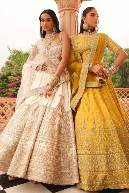 Shop_Sheetal Batra_Yellow Silk, Net Zari, Pearls, Embroidery Round Uzma Butti Bridal Lehenga Set 