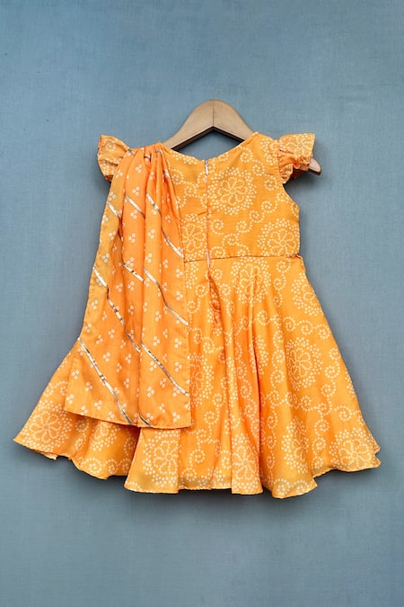 Shop Label Neeti Yellow Muslin, Cotton Gota Patti Attached Dupatta Bandhani Dress at Aza Fashions Shop_Label Neeti_Yellow Muslin, Cotton Gota Patti Attached Dupatta Bandhani Dress _at_Aza_Fashions