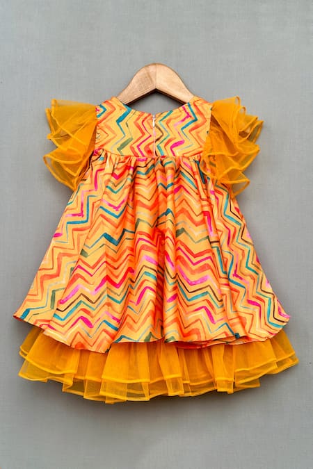 Shop Label Neeti Yellow Net, Muslin, Cotton Ruffles Zig-zag Print Layered Dress at Aza Fashions Shop_Label Neeti_Yellow Net, Muslin, Cotton Ruffles Zig-zag Print Layered Dress _at_Aza_Fashions