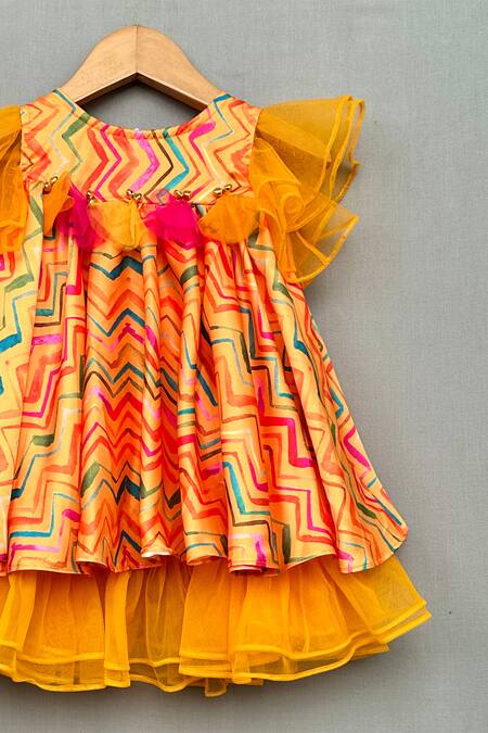 Label Neeti Yellow Net, Muslin, Cotton Ruffles Zig-zag Print Layered Dress Online at Aza Fashions Label Neeti_Yellow Net, Muslin, Cotton Ruffles Zig-zag Print Layered Dress _Online_at_Aza_Fashions