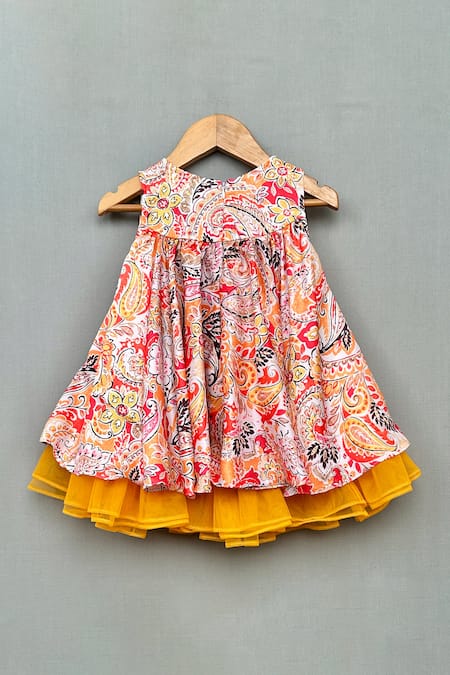 Shop Label Neeti Orange Net, Muslin, Cotton Fabric Flowers Paisley Print Layered Dress at Aza Fashions Shop_Label Neeti_Orange Net, Muslin, Cotton Fabric Flowers Paisley Print Layered Dress _at_Aza_Fashions