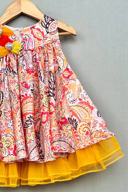 Label Neeti Orange Net, Muslin, Cotton Fabric Flowers Paisley Print Layered Dress Online at Aza Fashions Label Neeti_Orange Net, Muslin, Cotton Fabric Flowers Paisley Print Layered Dress _Online_at_Aza_Fashions