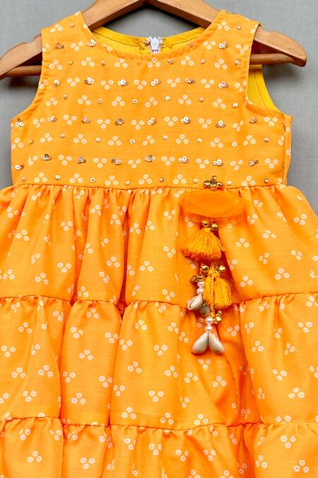 Label Neeti Yellow Muslin, Cotton Sequins Embroidered Yoke Bandhani Print Dress Online at Aza Fashions Label Neeti_Yellow Muslin, Cotton Sequins Embroidered Yoke Bandhani Print Dress _Online_at_Aza_Fashions