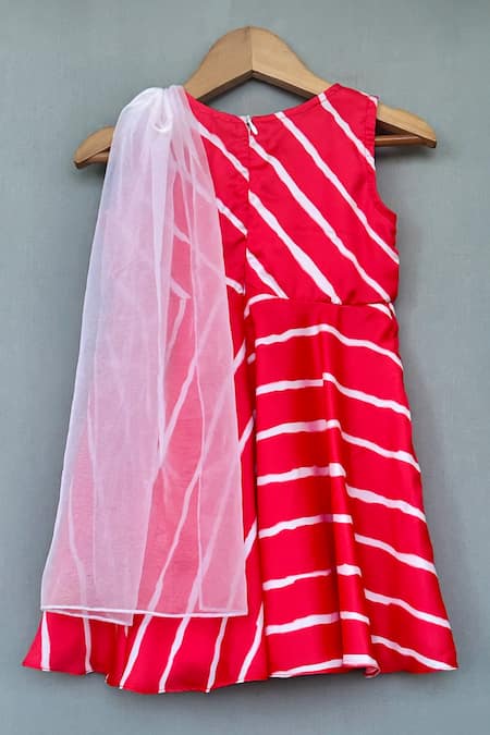 Shop Label Neeti Red Net, Muslin, Cotton Pearls Diagonal Stripe Print Dress at Aza Fashions Shop_Label Neeti_Red Net, Muslin, Cotton Pearls Diagonal Stripe Print Dress _at_Aza_Fashions