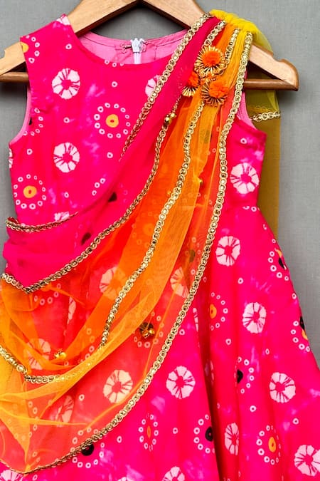 Label Neeti_Pink Net, Muslin, Cotton Embroidery, Beads Attached Dupatta Tie-dye Dress _Online_at_Aza_Fashions