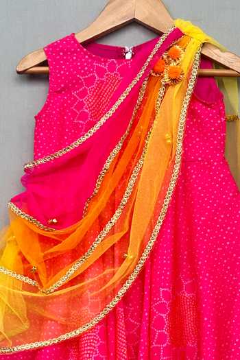 Label Neeti_Pink Net, Muslin, Cotton Embroidery Bandhej Print Dress _Online_at_Aza_Fashions