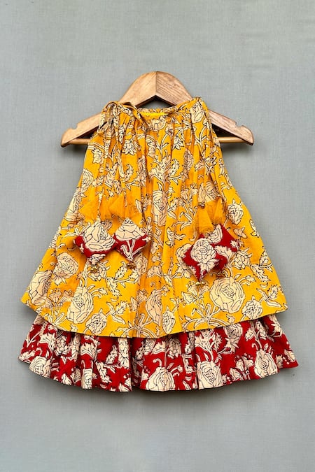 Label Neeti Yellow Cotton Printed Floral Layered Dress 