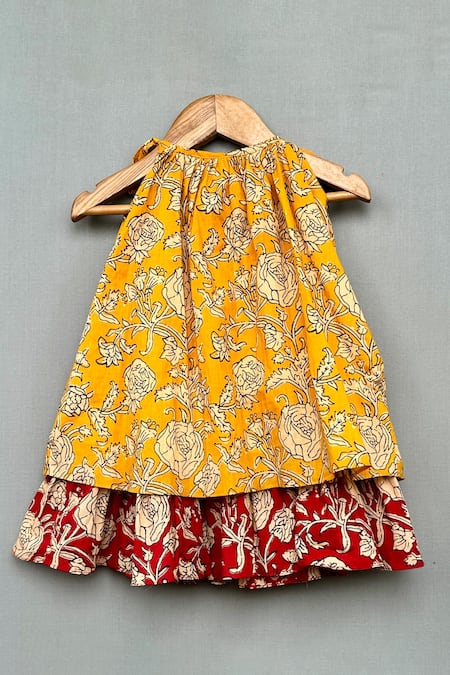 Shop_Label Neeti_Yellow Cotton Tassels Floral Print Layered Dress _at_Aza_Fashions