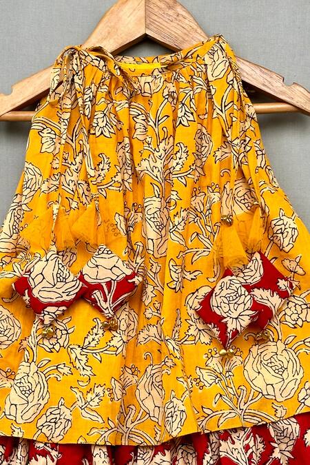 Label Neeti_Yellow Cotton Tassels Floral Print Layered Dress _Online_at_Aza_Fashions