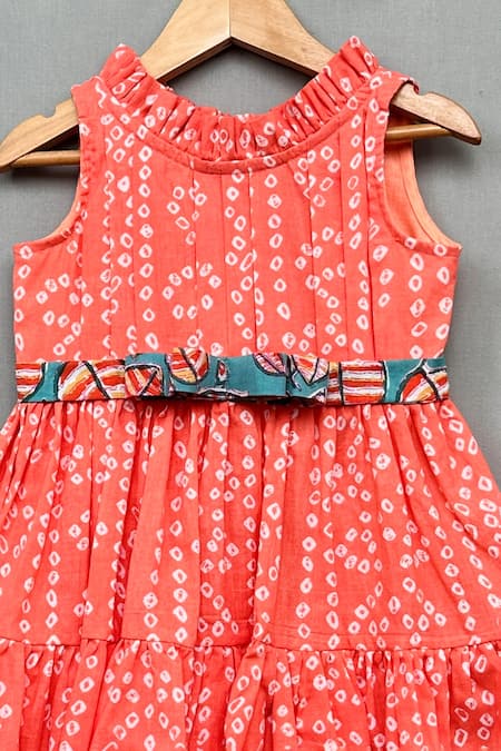 Label Neeti_Peach Cotton Bandhej Print Dress _Online_at_Aza_Fashions