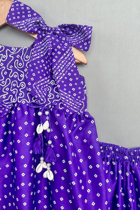 Label Neeti_Purple Muslin, Cotton Tassels, Ruffles Bandhani Print Top With Lehenga _Online_at_Aza_Fashions