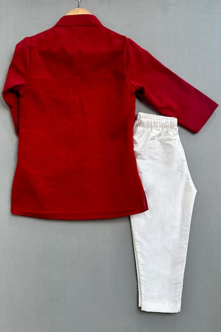 Shop Label Neeti Red Cotton, Linen Bandhni Print Attached Jacket Kurta With Pant at Aza Fashions Shop_Label Neeti_Red Cotton, Linen Bandhni Print Attached Jacket Kurta With Pant _at_Aza_Fashions