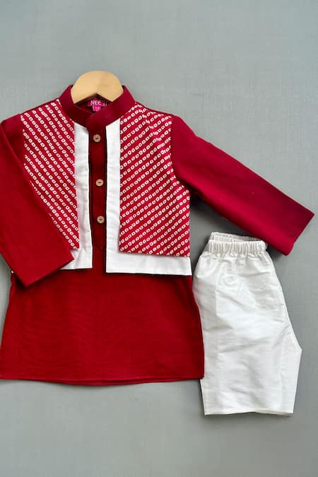 Label Neeti Red Cotton, Linen Bandhni Print Attached Jacket Kurta With Pant Online at Aza Fashions Label Neeti_Red Cotton, Linen Bandhni Print Attached Jacket Kurta With Pant _Online_at_Aza_Fashions