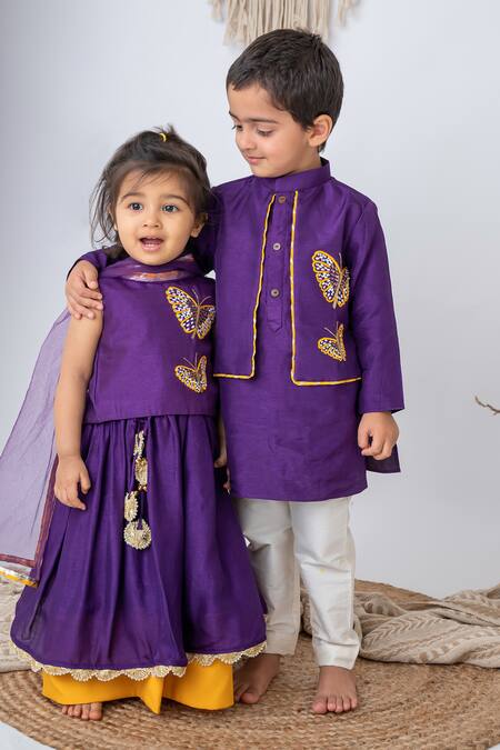 Label Neeti_Purple Silk, Cotton, Linen Embroidery Butterfly Attached Jacket Kurta With Pant _Online_at_Aza_Fashions