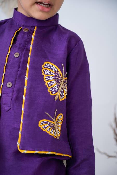 Buy_Label Neeti_Purple Silk, Cotton, Linen Embroidery Butterfly Attached Jacket Kurta With Pant _Online_at_Aza_Fashions