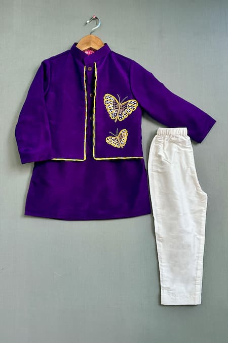 Shop_Label Neeti_Purple Silk, Cotton, Linen Embroidery Butterfly Attached Jacket Kurta With Pant _Online_at_Aza_Fashions