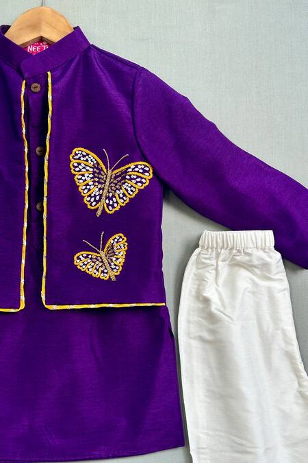 Label Neeti_Purple Silk, Cotton, Linen Embroidery Butterfly Attached Jacket Kurta With Pant _at_Aza_Fashions