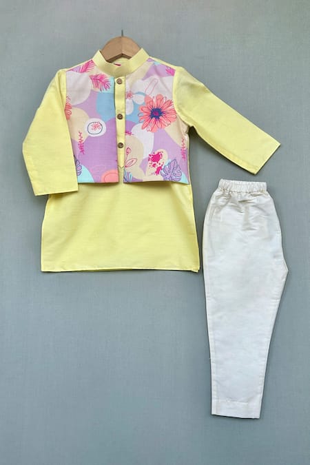 Label Neeti Yellow Cotton Printed Floral Attached Jacket Kurta With Pant 