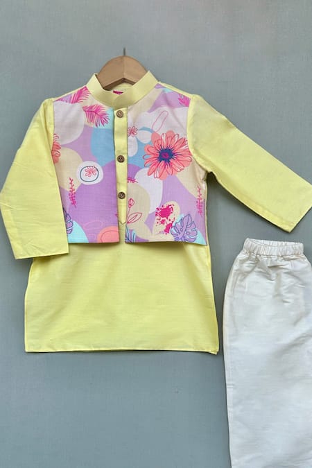 Label Neeti_Yellow Cotton Floral Print Attached Jacket Kurta With Pant _Online_at_Aza_Fashions