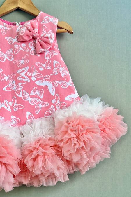 Label Neeti_Pink Cotton, Net Bows, Ruffles Butterfly Print Dress _Online_at_Aza_Fashions