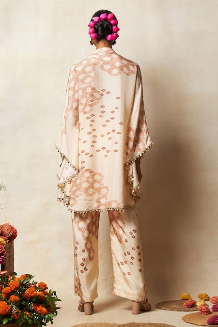 Shop Vedika M Beige Silk Lace, Sequins Mandarin Collar Tie-dye Print Kaftan With Pant at Aza Fashions Shop_Vedika M_Beige Silk Lace, Sequins Mandarin Collar Tie-dye Print Kaftan With Pant _at_Aza_Fashions