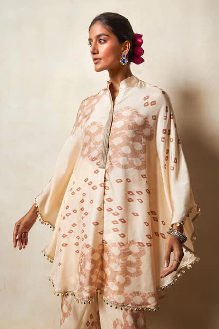 Shop Vedika M Beige Silk Lace, Sequins Mandarin Collar Tie-dye Print Kaftan With Pant Online at Aza Fashions Shop_Vedika M_Beige Silk Lace, Sequins Mandarin Collar Tie-dye Print Kaftan With Pant _Online_at_Aza_Fashions