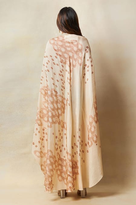 Shop Vedika M Beige Silk Lace V-neck Printed Asymmetric Kaftan at Aza Fashions Shop_Vedika M_Beige Silk Lace V-neck Printed Asymmetric Kaftan _at_Aza_Fashions